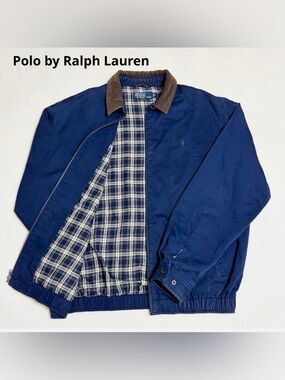 Polo Ralph Lauren Vintage Bomber Jacket Navy Blue Corduroy Plaid Flannel Men XXL
